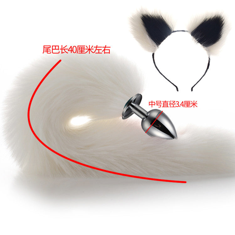 Image of 40cm All White Tail Double Erotic Fun Plush Hair Clip Ears Cosplay Makeup Metal Anal Plug Expansion